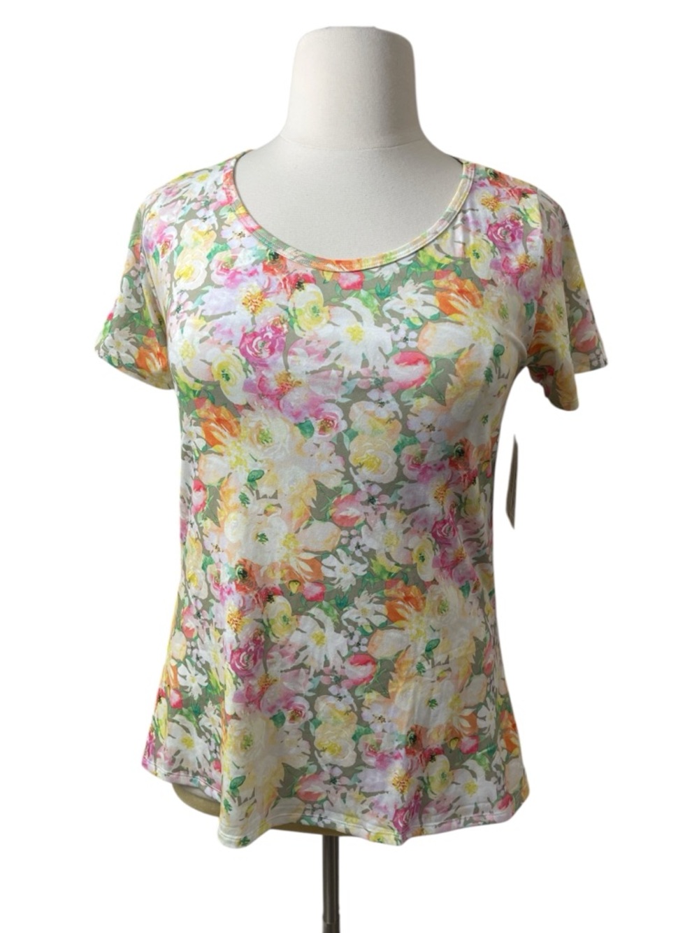 LuLaRoe Classic T Short Sleeve Scoop Neck Spring Floral Top - Pink Green Yellow